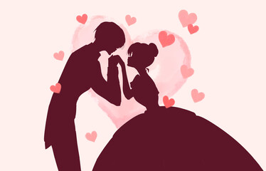 お姫様の手の甲にキスする王子様　影絵