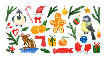 Watercolor New Year set with mouse, birds, gingerbread, clothes tangerines, sweets, Christmas tree
