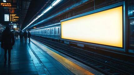 Blank mockup board at a busy train platform, ideal for showcasing advertisements or promotional designs.