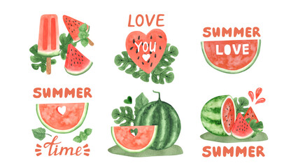 Watercolor watermelon arrangements with leaves and summer time lettering for party and print.