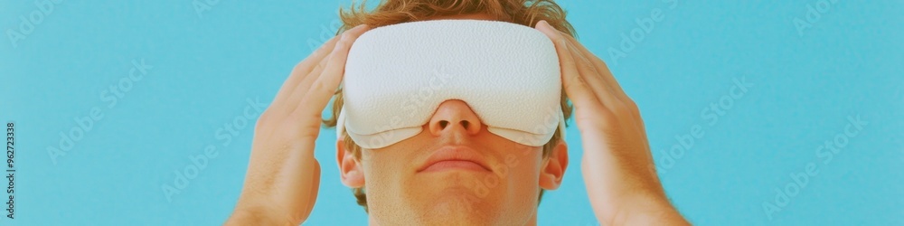 Aufkleber young man trying on virtual reality headset for virtual fitting room experience in minimalist style