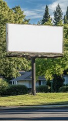 Fototapeta premium Blank billboard with a clear blue sky and lush green trees in the background.