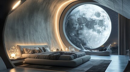 Sleek futuristic bedroom with glowing moon bed and minimalist furnishings for a clean modern aesthetic