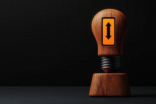 Digital loading symbol integrated into the base of a wooden lightbulb, wooden lightbulb base loading, conceptual innovation