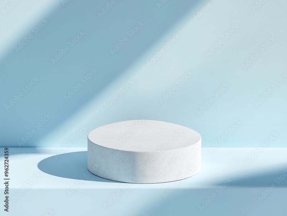 Poster minimalist soft pastel blue round podium with gentle shadows in modern monochromatic setting