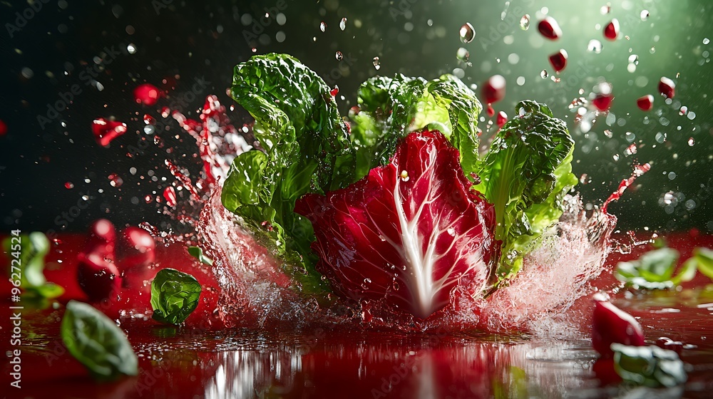 Wall mural red and green lettuce splashing in water with water drops