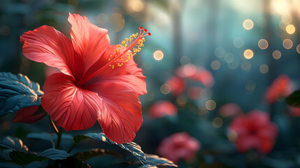 Red Hibiscus Flower Illustration with Bokeh Background