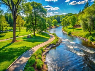 Scenic Riverbank Park With Lush Green Trees And A Winding River Flowing Alongside A Paved Walking Trail.