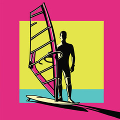 Windsurfers prepare to play windsurfing with confidence. Vector illustration