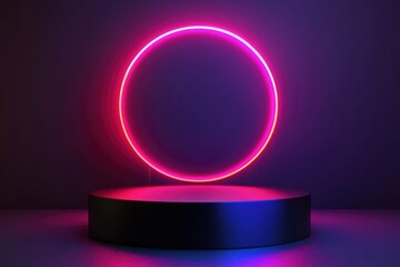 Realistic 3D background, Black cylinder pedestal podium with round circle glowing neon lighting. Black friday sale concept, Vector abstract minimal scene products stage showcase, with generative ai