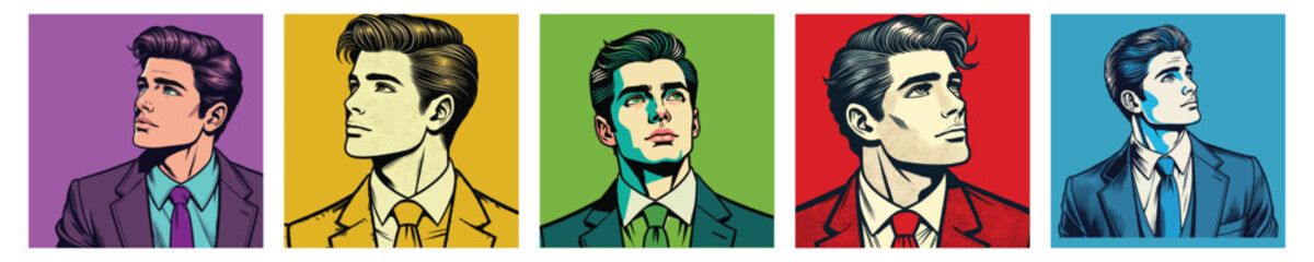 Set of young handsome businessman in purple, yellow, green, red and blue theme. Vector illustration