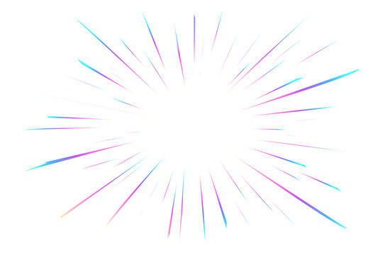 Rainbow light flare. Halo prism effect on white background. Burst with colored sparkles. Starburst explosion radial speed lines. Iridescent gradient beams. Vector neon sparks
