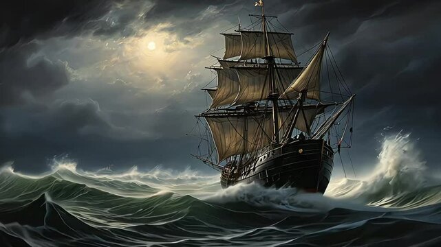 A foreboding temporal trawler emerges from the dephits of a midnight sea, its silhoutte a stark contrast against the swiring waves