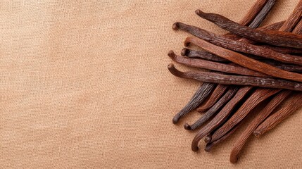 A collection of rich brown vanilla pods arranged on a textured surface, ideal for culinary and aromatic themes in photography.