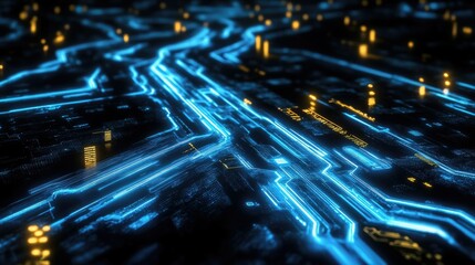 Glowing data streams in darkness