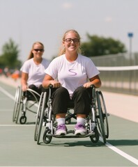 Young Women in Wheelchairs Playing Tennis on a Bright Day Empowerment, Family Support, and Active Lifestyle