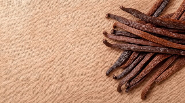 A collection of rich brown vanilla pods arranged on a textured surface, ideal for culinary and aromatic themes in photography.