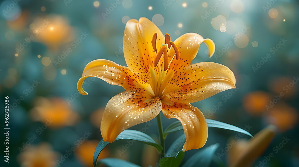 Wall mural Orange Lily Flower with Water Droplets Illustration