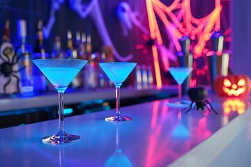A modern, sleek bar with "ghostly martinis" glowing faintly blue, set against a backdrop of neon spider webs and minimalist Halloween decor.