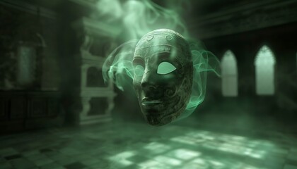 A haunted mask floating mid-air, emanating a faint green glow and surrounded by swirling mist in a darkened room.