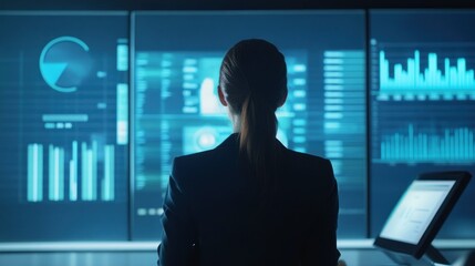 Fototapeta premium Woman Analyzing Data on Large Screens