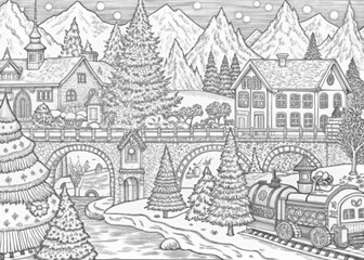 Naklejka premium Detailed Winter Village Scene with Snow-Covered Houses for Coloring Books