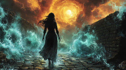 Obraz premium A woman walks towards a glowing orb in the sky, surrounded by stormy waves.