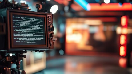 A broadcast camera captures a studio set with a teleprompter display in focus.