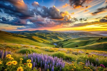 Serene Landscape With Rolling Hills, Wildflowers, And Vibrant Skies That Evoke Tranquility And Awe.