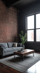 Naklejka premium Loft apartment living room with artistic mood, warm ambiance and natural window lighting. Modern industrial Real Estate interior design composition.