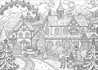 Fototapeta premium Detailed Winter Village Scene with Snow-Covered Houses for Coloring Books