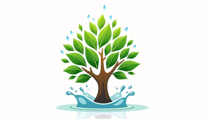 Tree Branch with Green Leaves Splashing Water Illustration