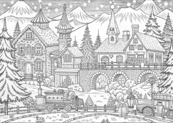 Fototapeta premium Detailed Winter Village Scene with Snow-Covered Houses for Coloring Books