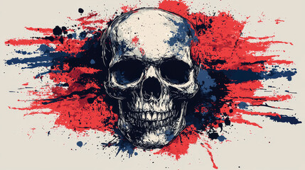 A detailed skull illustration against a red and blue splatter background.