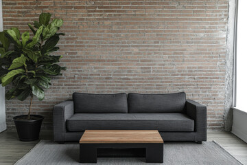 Loft apartment living room with artistic mood, warm ambiance and natural window lighting. Modern industrial Real Estate interior design composition.