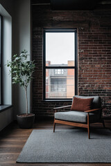 Loft apartment living room with artistic mood, warm ambiance and natural window lighting. Modern industrial Real Estate interior design composition.