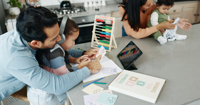 Parents, children and teaching with headphones for elearning, distance learning or virtual class in kitchen at home. Mother, father and kids or siblings for help, online lesson or homework at house