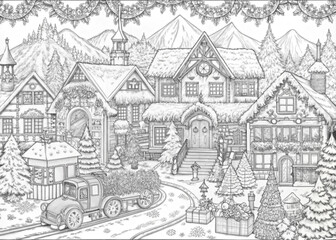 Naklejka premium Detailed Winter Village Scene with Snow-Covered Houses for Coloring Books