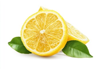 lemon fruit with leaves, slice and half isolated on a white background, Fresh and Juicy Lemon, clipping path , ai