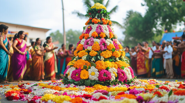 Bathukamma Festival, thousands of fresh flowers are arranged into a cone-shaped tower, placed in the middle of the village square, Ai generated images