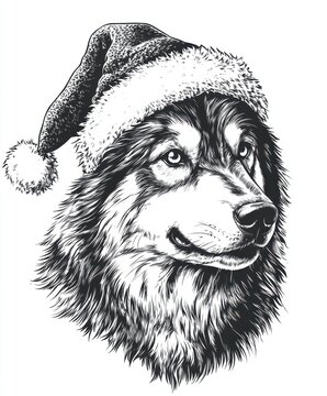 recommend clip art: Black and white Vintage engraved art of a Alaskan Malamute with a Christmas Santa hat, isolated on white background, ink sketch illustration, simple vector art design, highly detailed line art