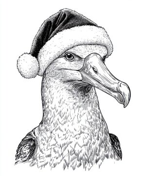 recommend clip art: Black and white Vintage engraved art of a Albatross with a Christmas Santa hat, isolated on white background, ink sketch illustration, simple vector art design, highly detailed line art, 