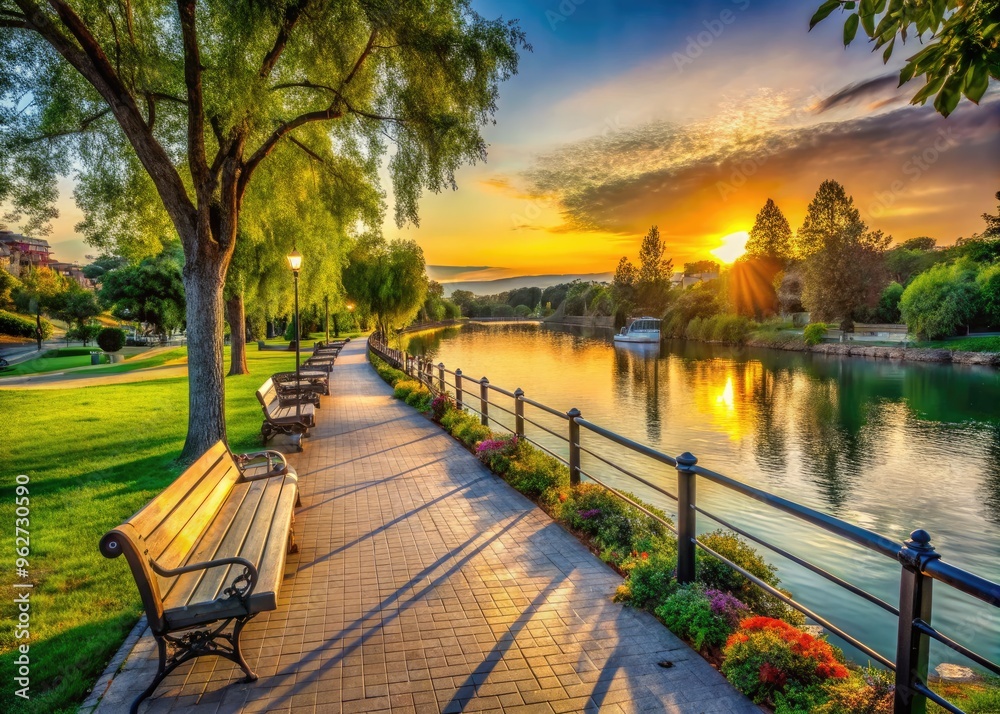 Wall mural Serene waterfront scene featuring lush greenery, walking paths, and benches along the Napa River, with a tranquil atmosphere and picturesque sunset in the background.