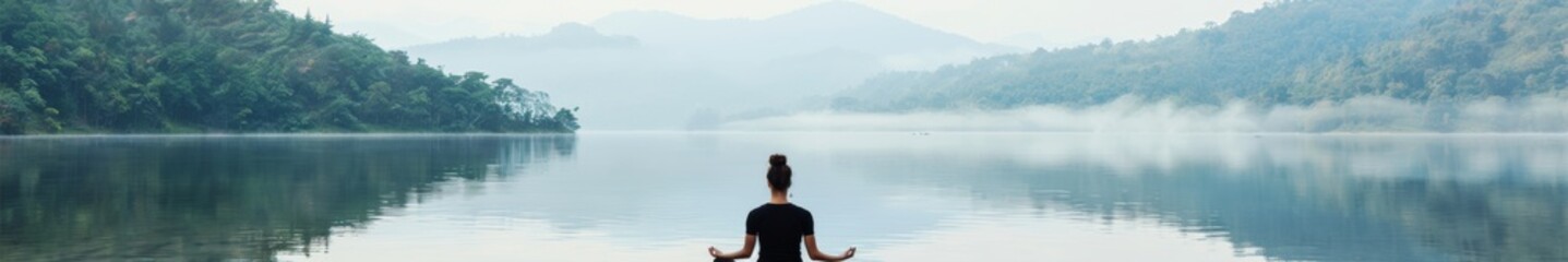 Fototapeta premium Latina Woman Practicing Yoga on Wooden Deck Overlooking Mountain Lake at Sunrise - Promoting Peace and Well-Being