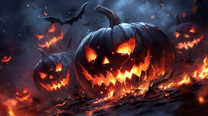 Fototapeta premium Fiery jack-o'-lanterns with glowing eyes and a dark, spooky background.