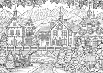 Obraz premium Detailed Winter Village Scene with Snow-Covered Houses for Coloring Books