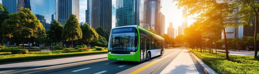 Modern Green Bus Driving on City Street with Skyscrapers in Background