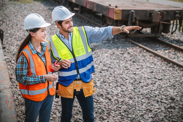 Team engineers are on duty and discussed in the job site of train garage.
