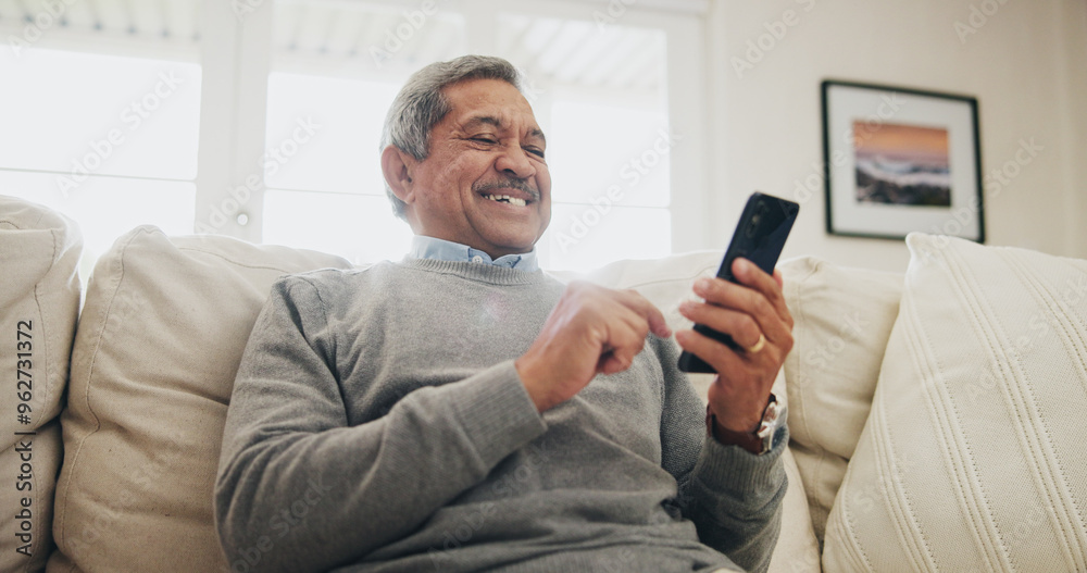 Poster home, senior man on sofa and smartphone with typing, internet and message for contact, texting and r