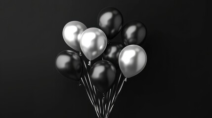 Black and silver balloons with ribbons on a black background.